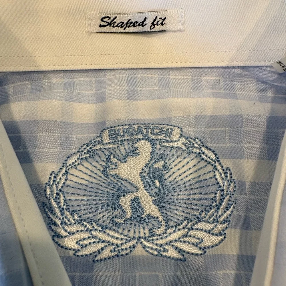 Bugatchi NWOT Shaped Fit Blue & White Stripes Short Sleeves Button Down Shirt L - Picture 6 of 9